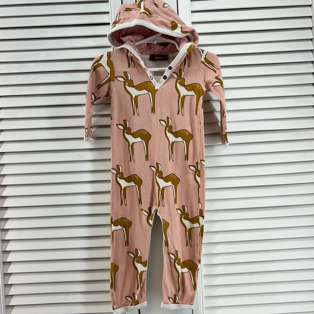 Milkbarn size 12-18M hooded romper Pink Deer Print